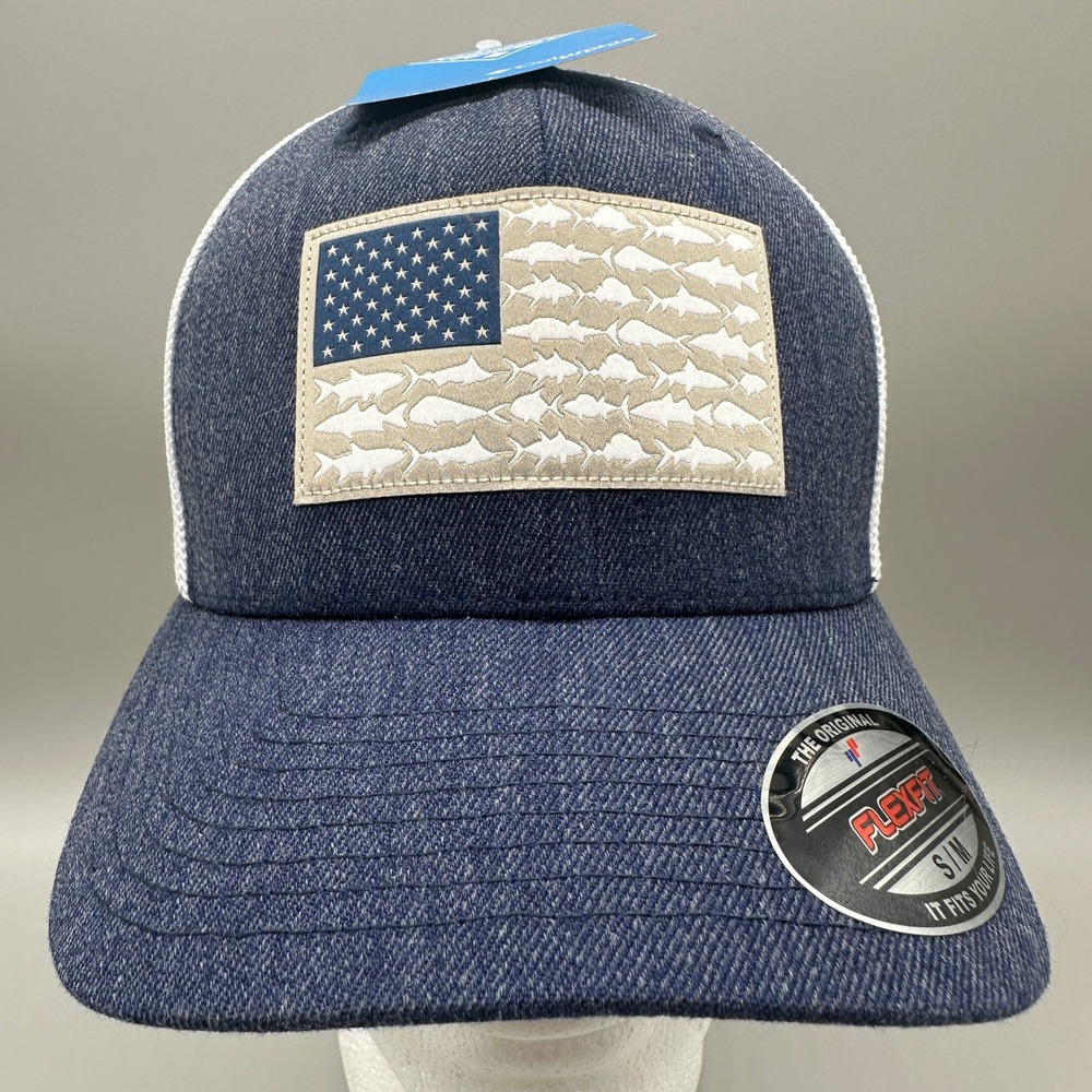 Columbia PFG Fish‎ American Flag Mesh Cap Mens S/M Navy White Trucker Hat NEW